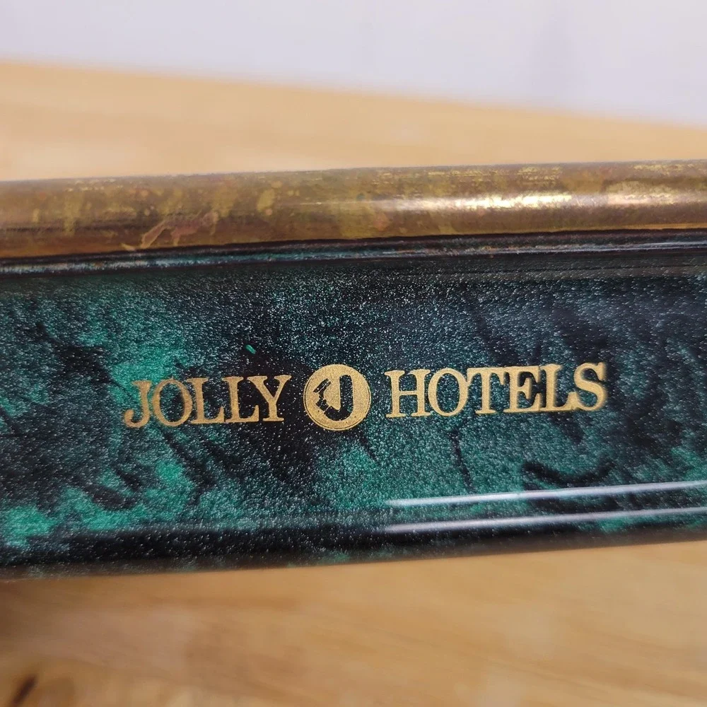 Jolly Hotels Vintage Green and Gold Metal Catch-All Tray Hollywood Regency Moody